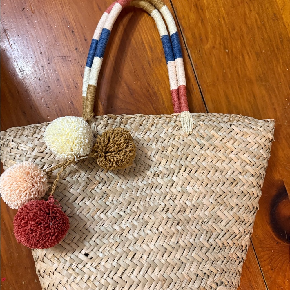 Billabong Straw Tote with Colorful Pom Poms